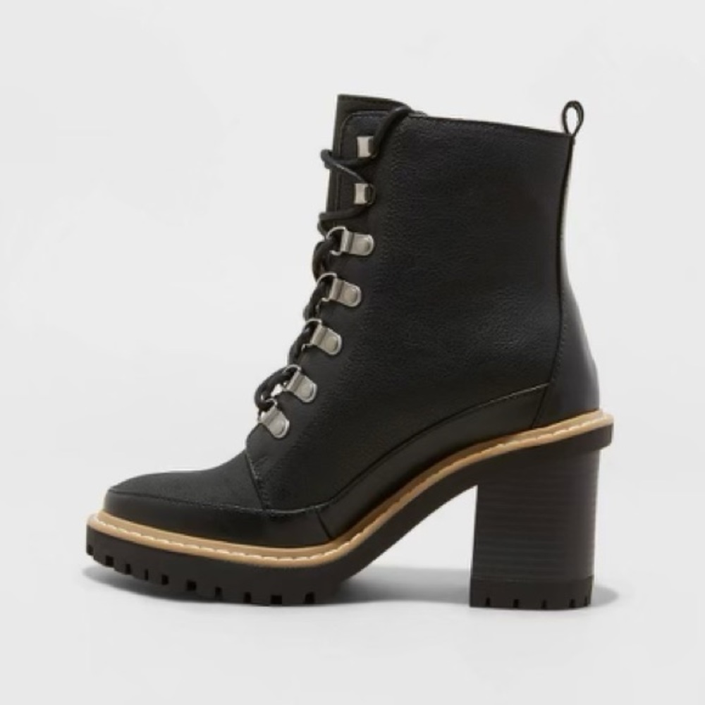 a new day Black Lace-Up Block Heel Combat Ankle Boots